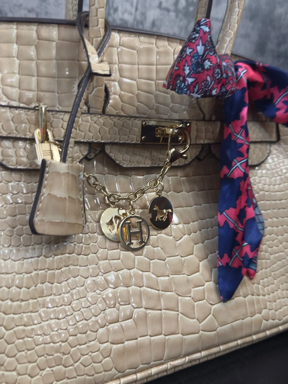 Cream Croc-Embossed Tote Bag with Gold Hardware